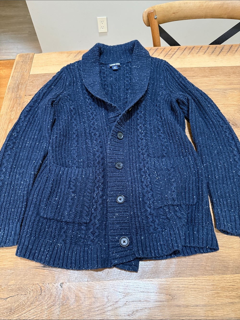 Lands End Shawl Collar Navy Cable Knit Cardigan Sweater - S/T